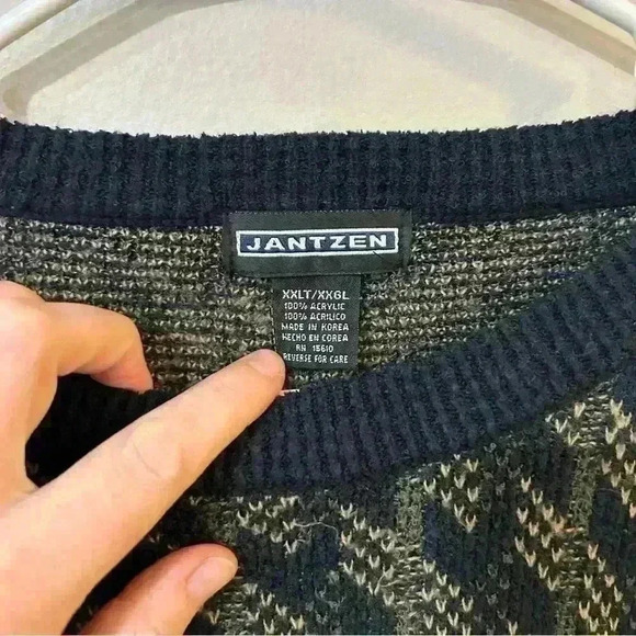 Jantzen Mens Crewneck Navy Tan Pattern Pullover Sweater Size XXL Tall - Picture 2 of 3